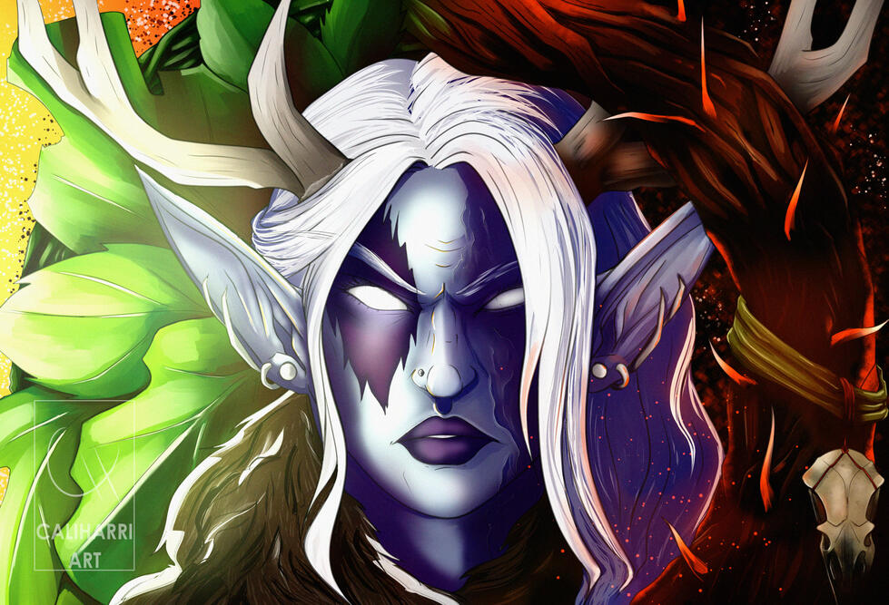A night elf (World of Warcraft) druid scowls at the viewer. She has pale purple skin and white hair. She is framed by a wreath, one side of which is overtaken by the Emerald Nightmare. The left side of her face is a mass of burn scars and that eye is dimme