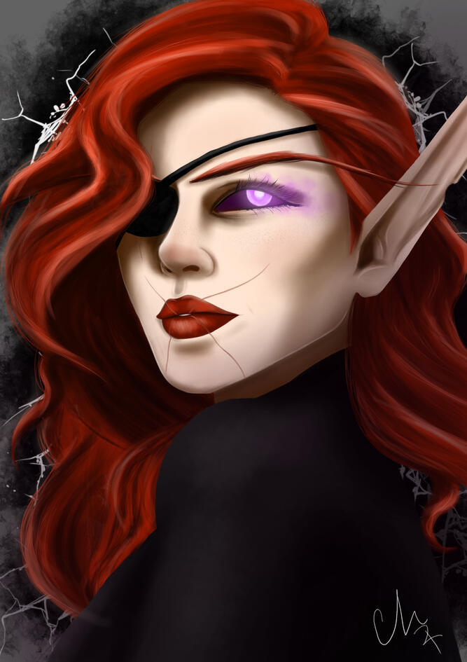 A scarred, eye-patched elf with red hair stares wistfully past the viewer.