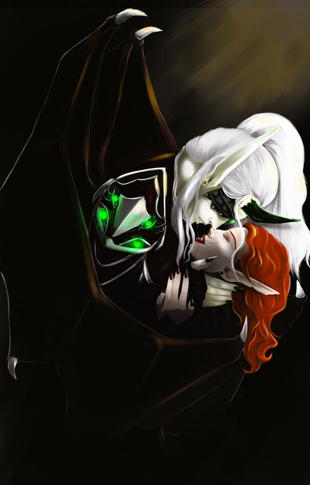 A demon hunter and their lover embrace against a dark background.