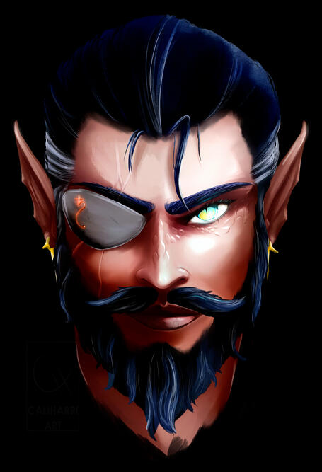 A portrait of a dracthyr (world of warcraft) in visage form. He has dark skin, dark hair and an intense gaze. He wears a metal eyepatch emblazoned with a rune. His scales are barely visible beneath the surface of his skin.